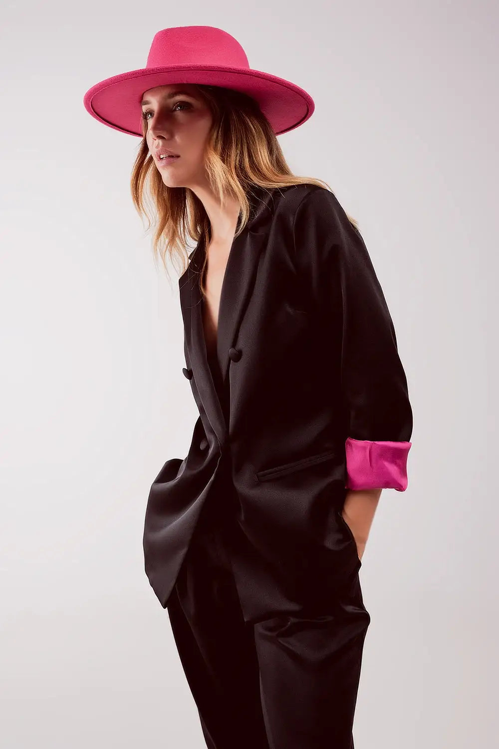 Satin tailored double breast blazer in black - Coats and Jackets