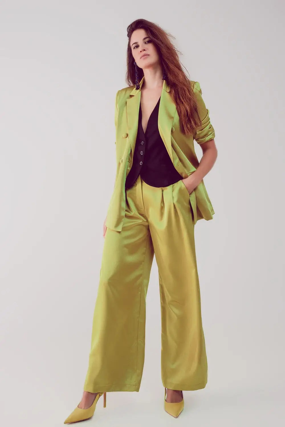 Satin tailored double breast blazer in lime - Coats and Jackets