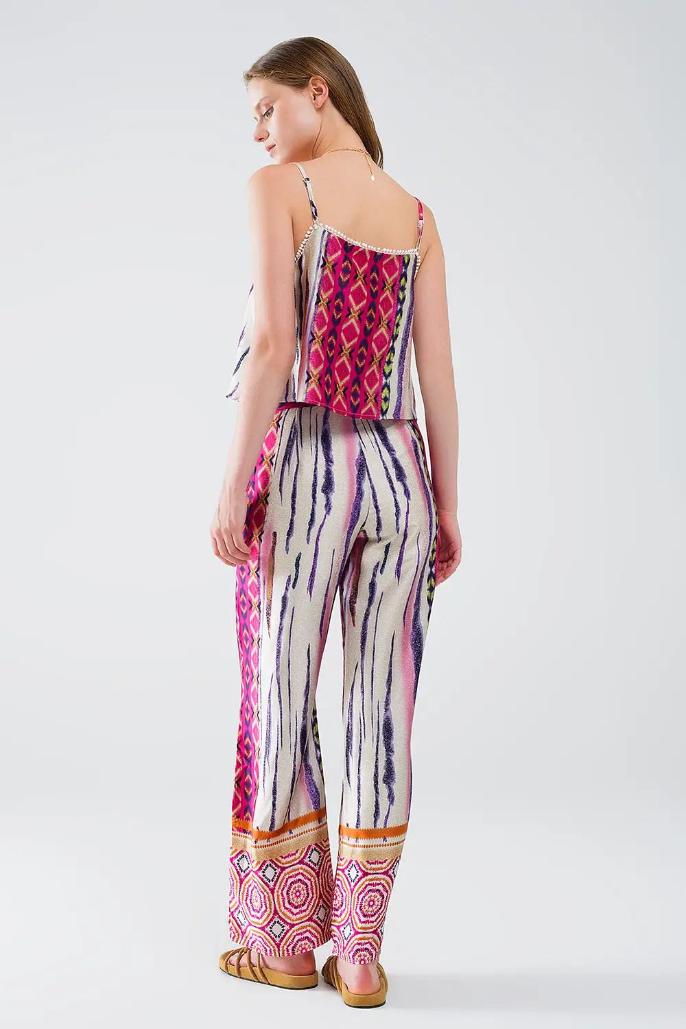Satin Wide Leg Pants With Abstract Print In Multicolor - Pants