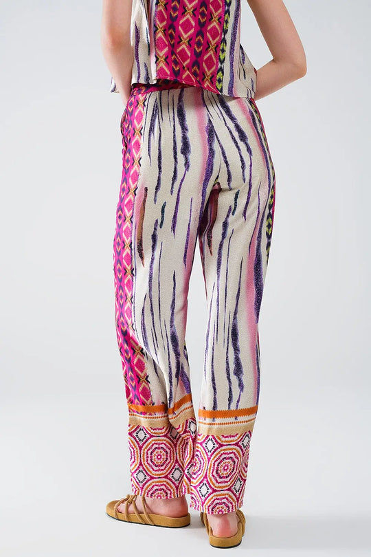 Satin Wide Leg Pants With Abstract Print In Multicolor - Pants