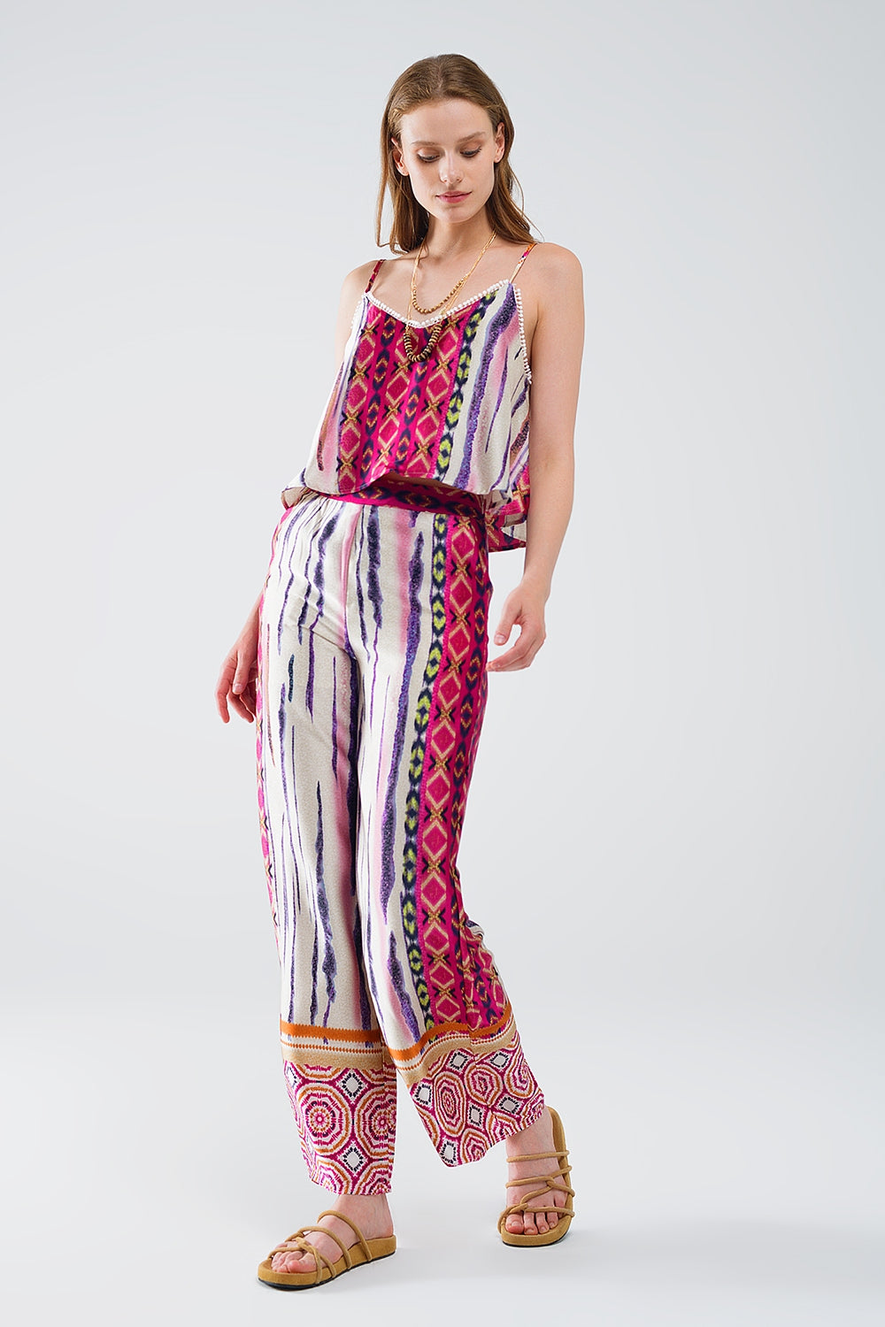 Satin Wide Leg Pants With Abstract Print In Multicolor
