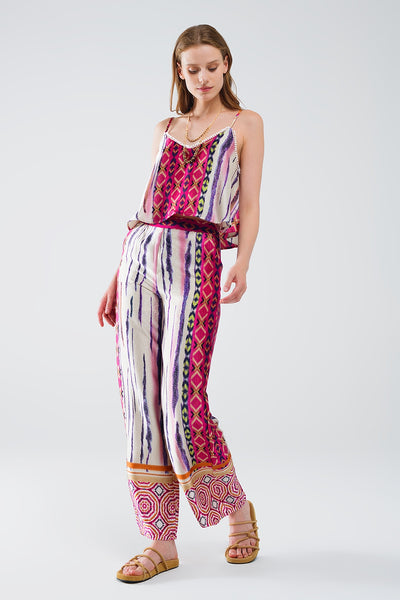 Satin Wide Leg Pants With Abstract Print In Multicolor