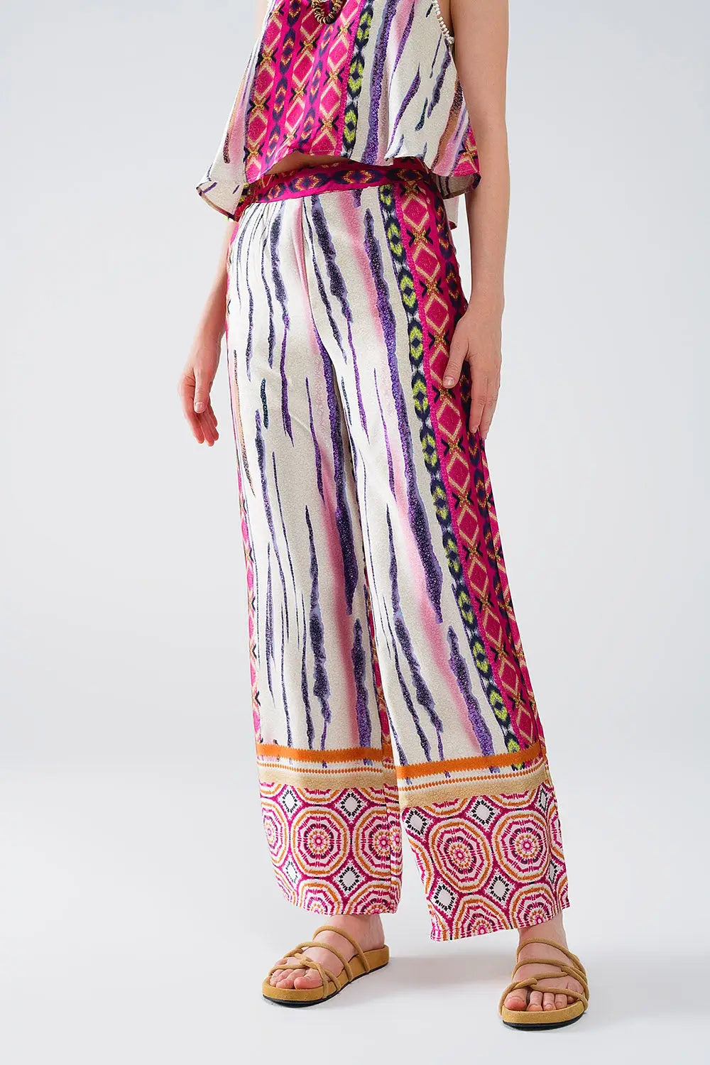 Satin Wide Leg Pants With Abstract Print In Multicolor - Pants