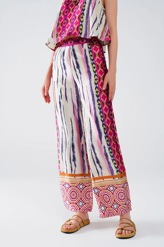 Satin Wide Leg Pants With Abstract Print In Multicolor - Pants