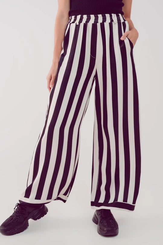 Satin wide leg stripe pants in black - Pants