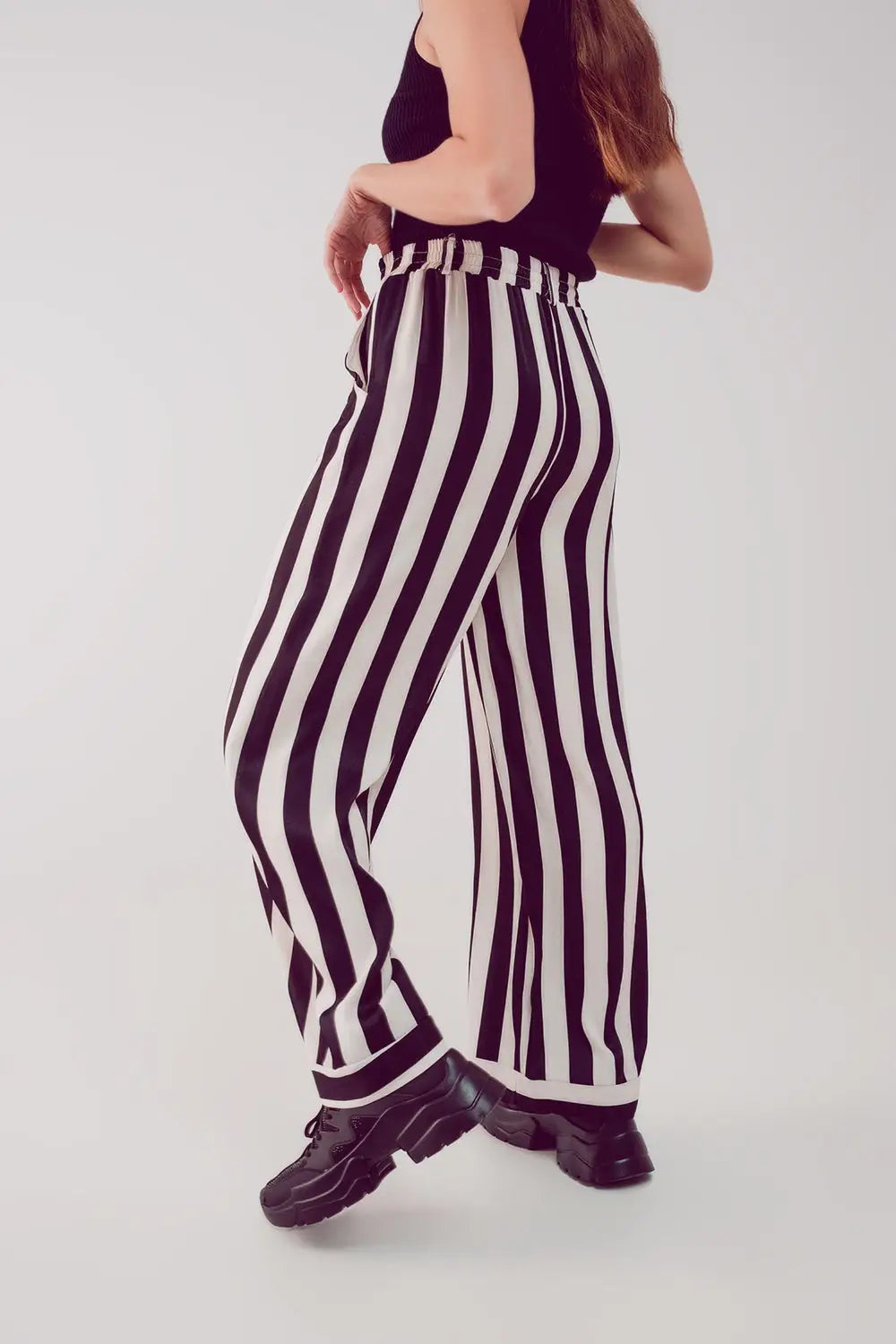Satin wide leg stripe pants in black - Pants