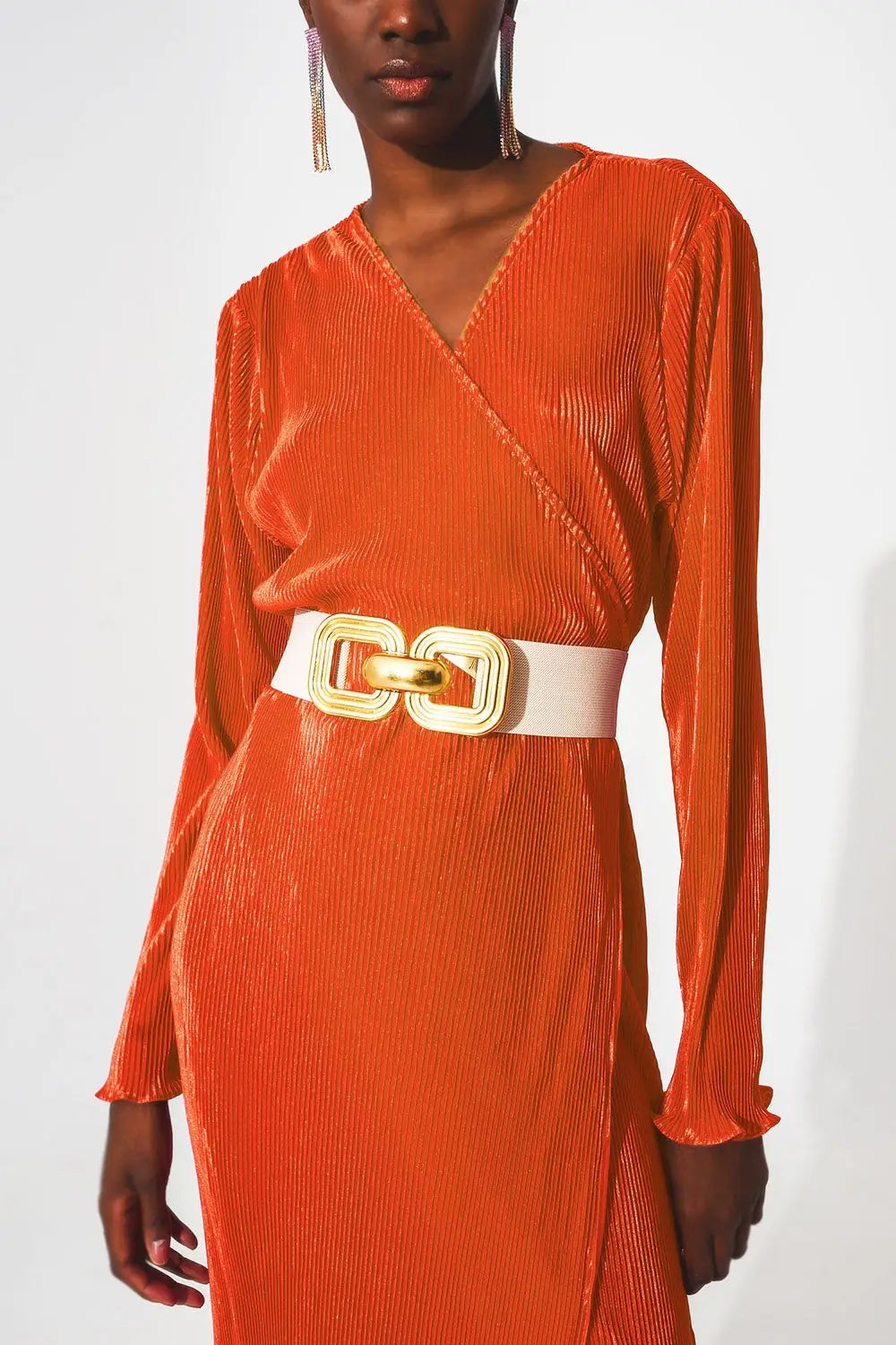 Satin wrap deatil pleated dress in orange - Dresses
