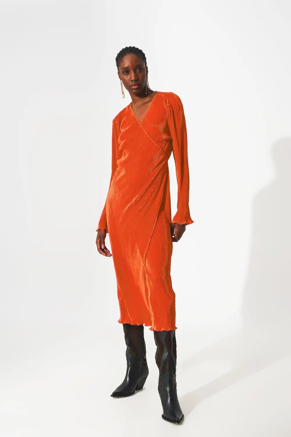 Satin wrap deatil pleated dress in orange - Dresses