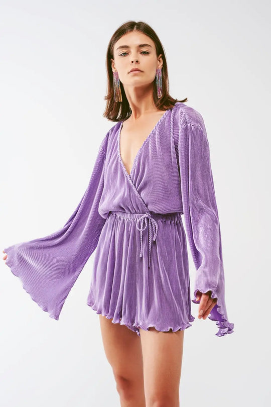 Satin Wrap Deatil Pleated romper in lilac - Dresses