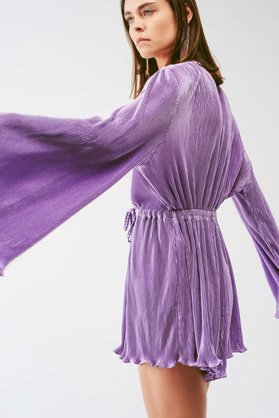 Satin Wrap Deatil Pleated romper in lilac - Dresses