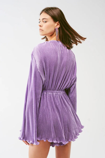 Satin Wrap Deatil Pleated romper in lilac - Dresses
