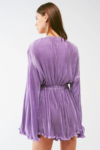 Satin Wrap Deatil Pleated romper in lilac - Dresses