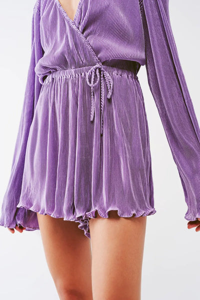Satin Wrap Deatil Pleated romper in lilac - Dresses