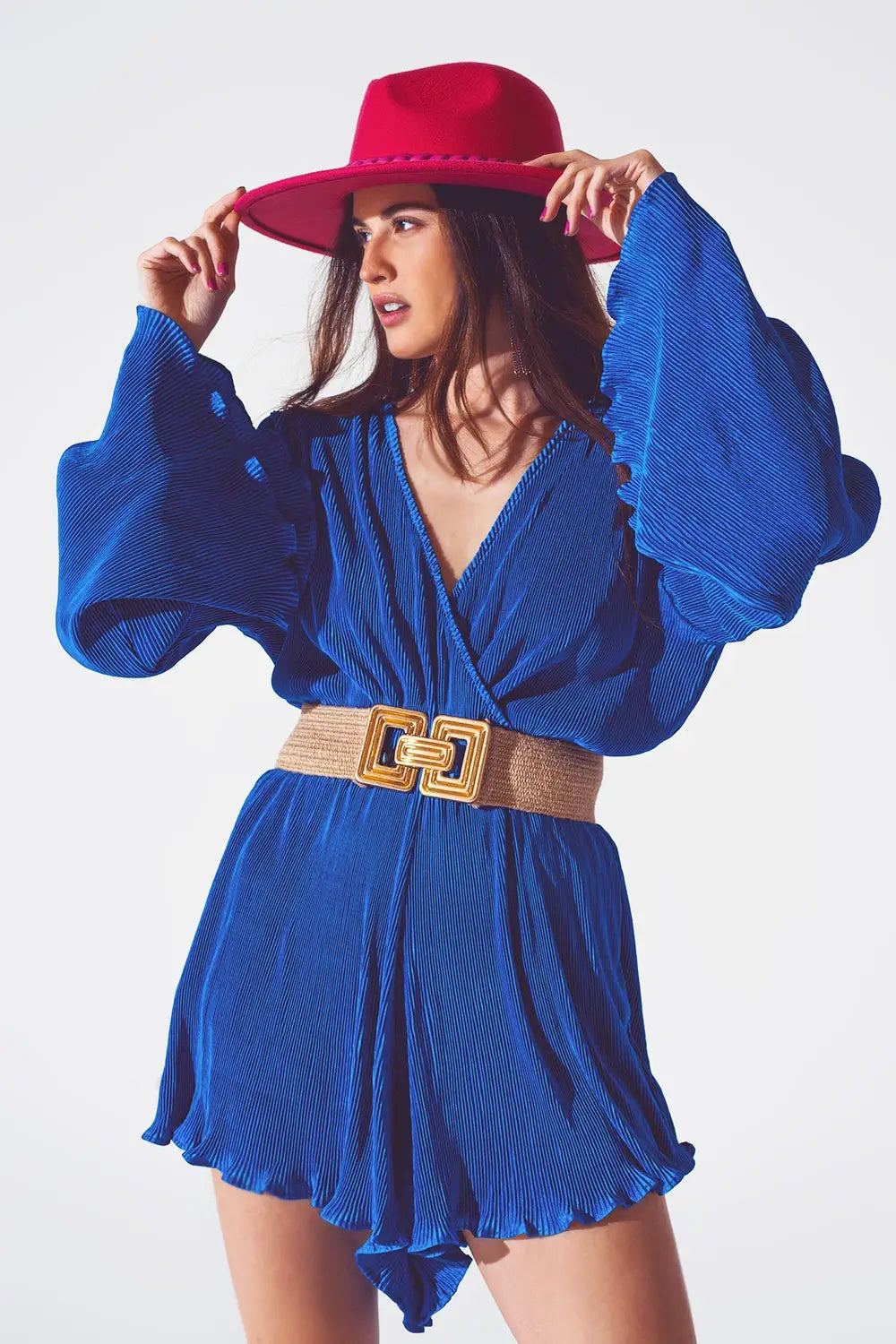 Satin Wrap Deatil Pleated Short Jumpsuit in Blue - Dresses