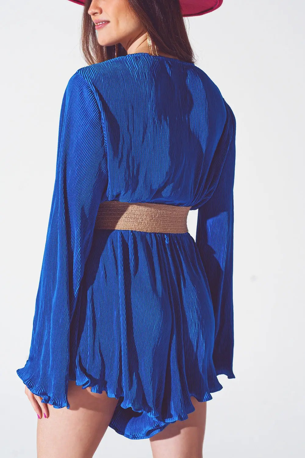 Satin Wrap Deatil Pleated Short Jumpsuit in Blue - Dresses