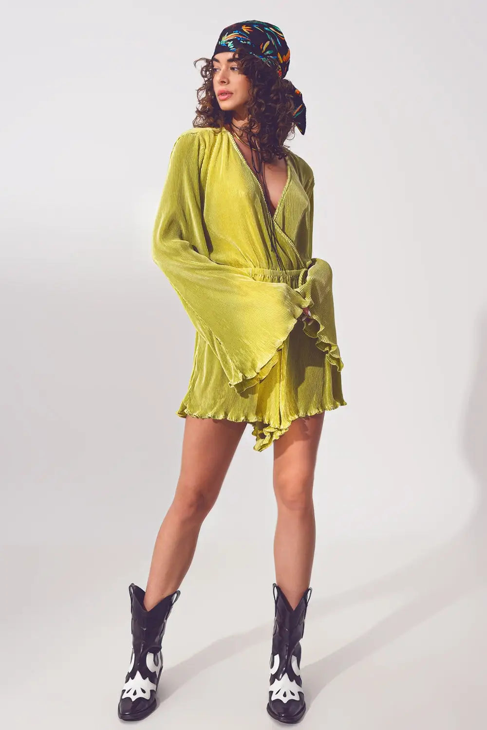 Satin Wrap Deatil Pleated Short Jumpsuit in Green - Dresses