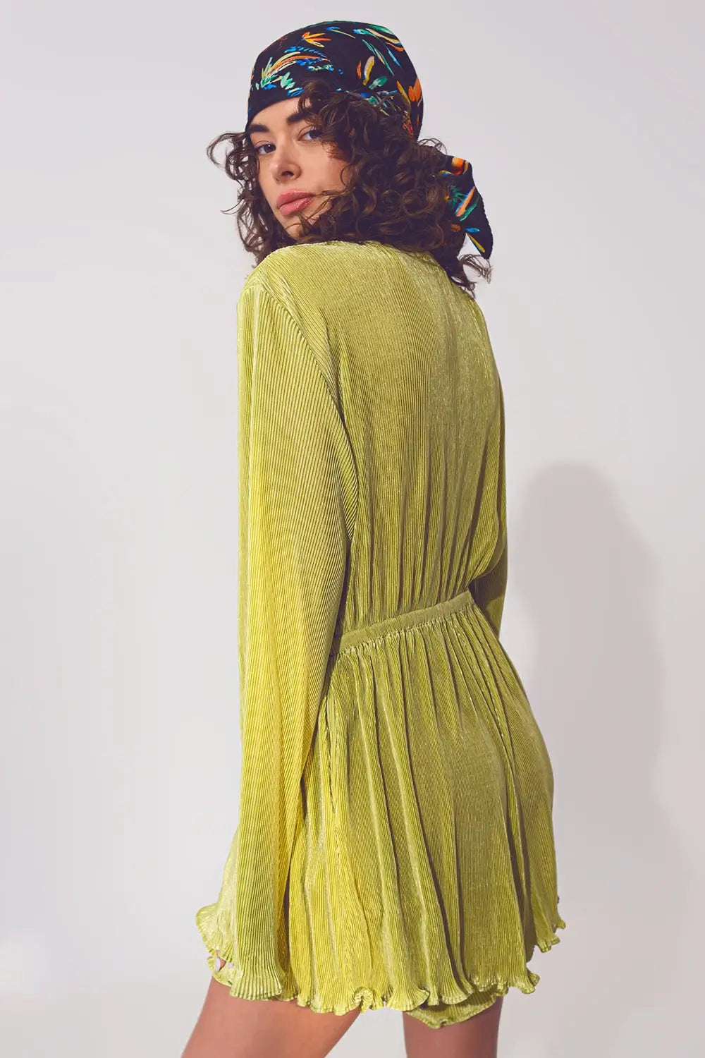 Satin Wrap Deatil Pleated Short Jumpsuit in Green - Dresses