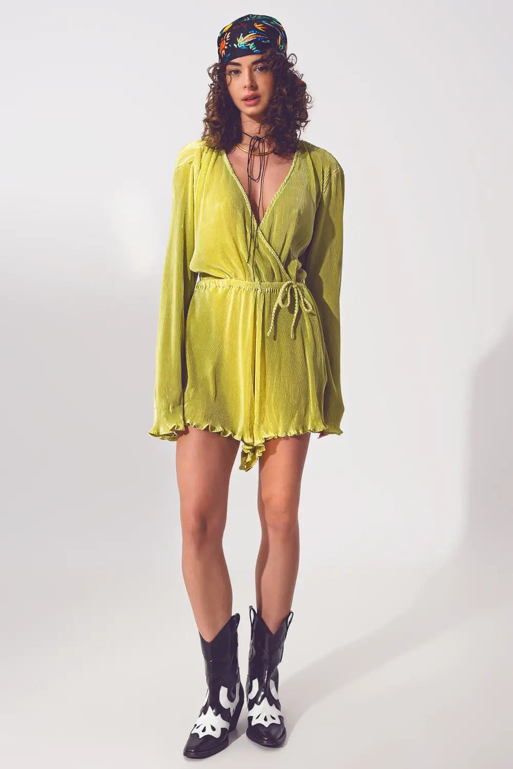 Satin Wrap Deatil Pleated Short Jumpsuit in Green - Dresses