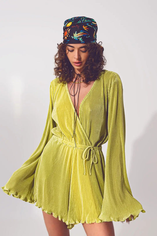 Satin Wrap Deatil Pleated Short Jumpsuit in Green - Dresses