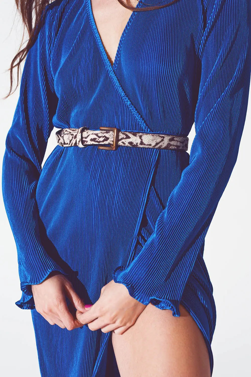 Satin Wrap Detail Pleated Dress in Blue - Dresses