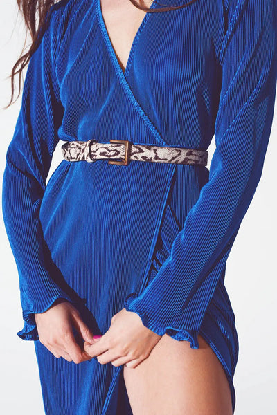 Satin Wrap Detail Pleated Dress in Blue - Dresses