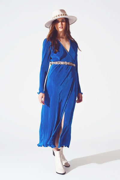 Satin Wrap Detail Pleated Dress in Blue - Dresses