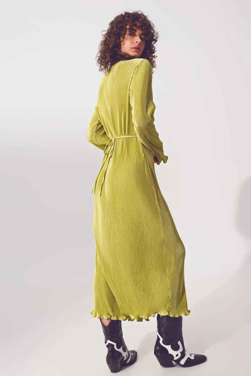 Satin Wrap Detail Pleated Dress in Green - Dresses