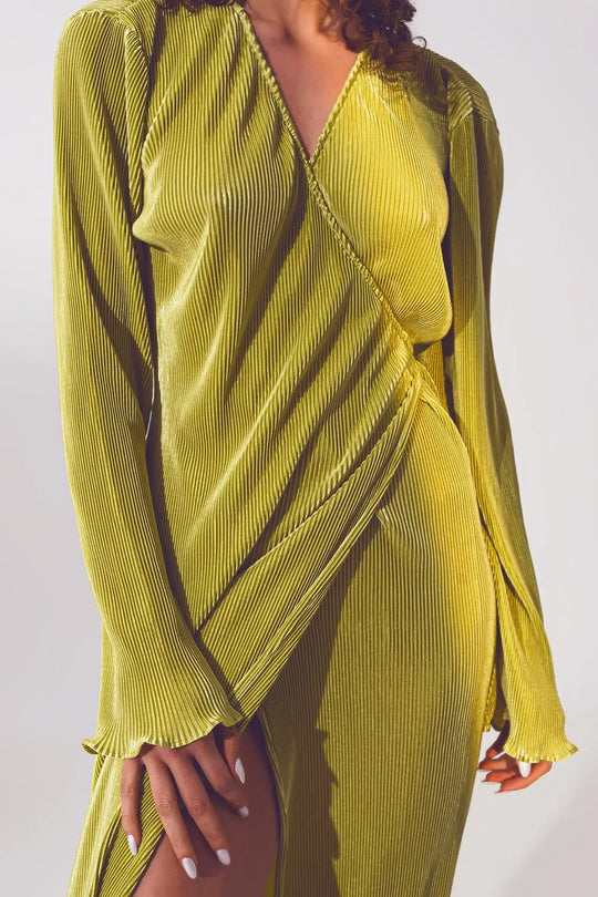Satin Wrap Detail Pleated Dress in Green - Dresses