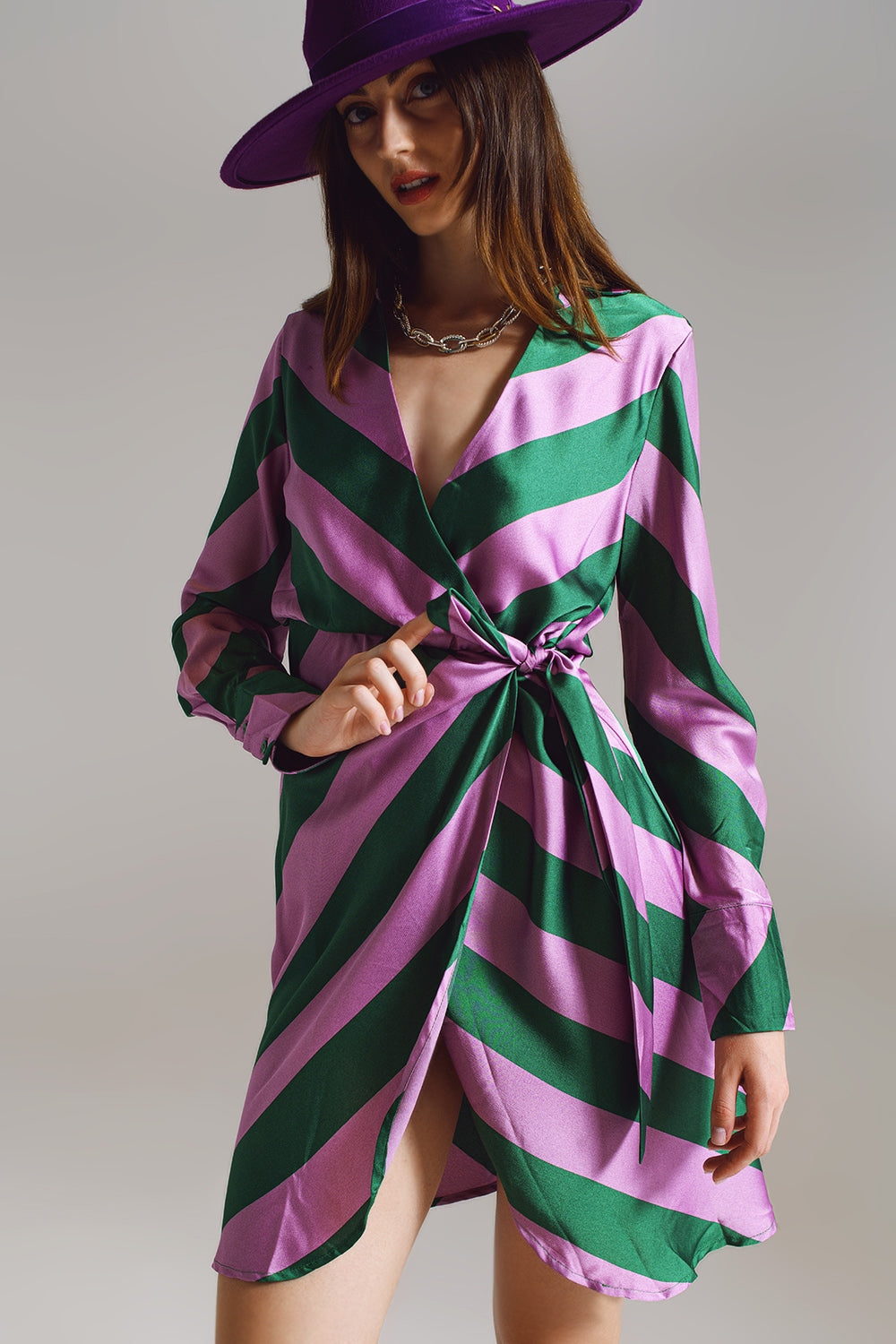 Q2 Satin Wrap Dress in Lilac and Green Striped Print