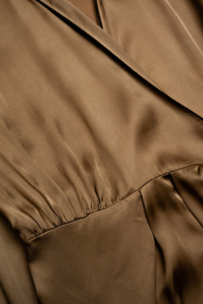 Satin wrap front maxi dress in beige satin