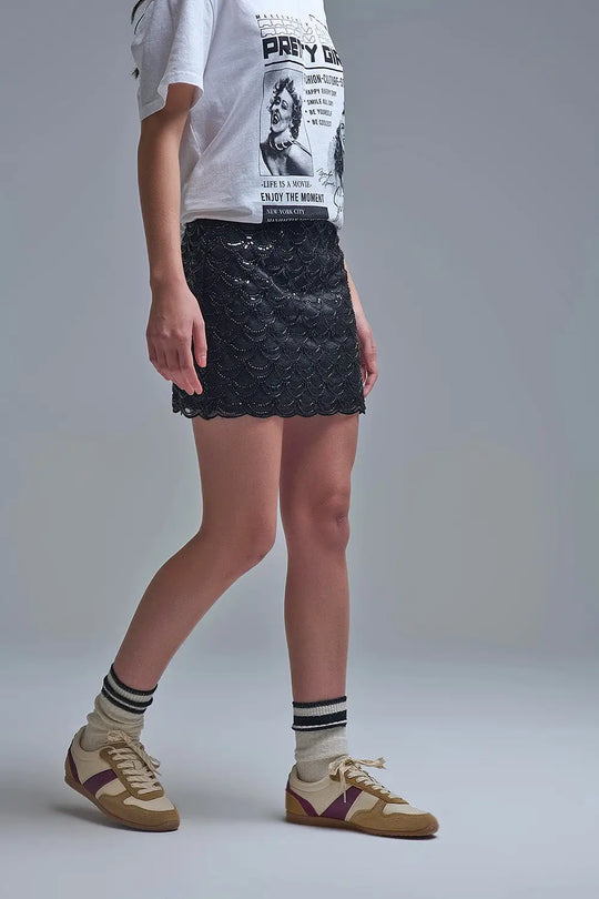 Scalloped Sequin Mini Skirt in Black - Skirts