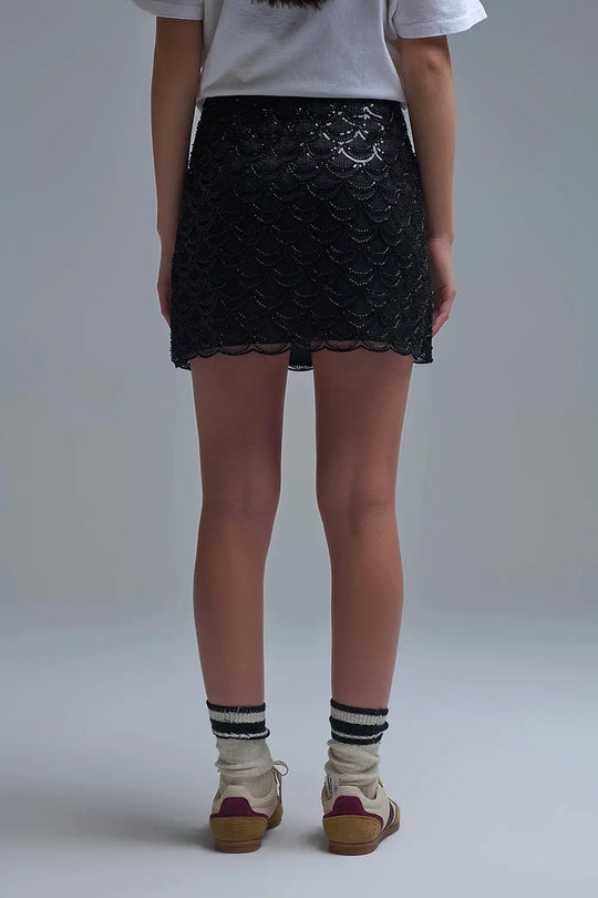 Scalloped Sequin Mini Skirt in Black - Skirts