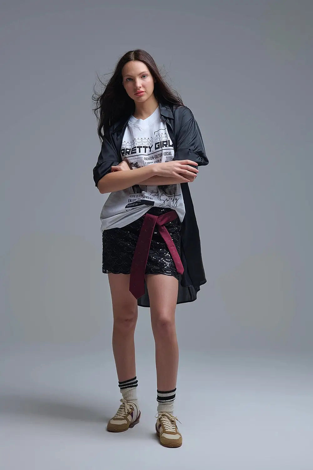 Scalloped Sequin Mini Skirt in Black - Skirts