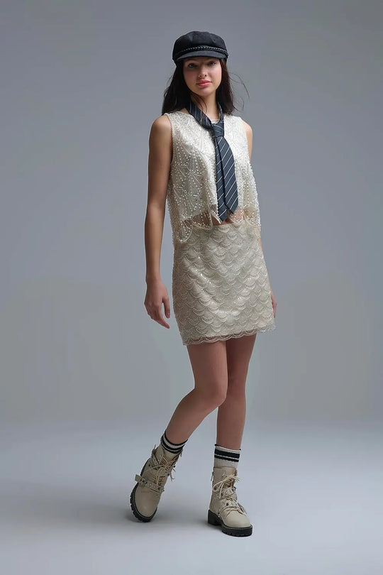 Scalloped Sequin Mini Skirt in Cream - Skirts