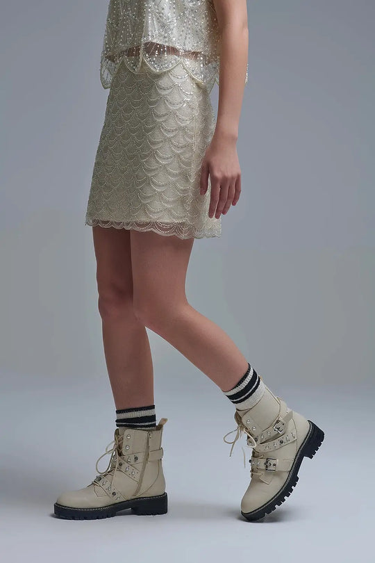 Scalloped Sequin Mini Skirt in Cream - Skirts