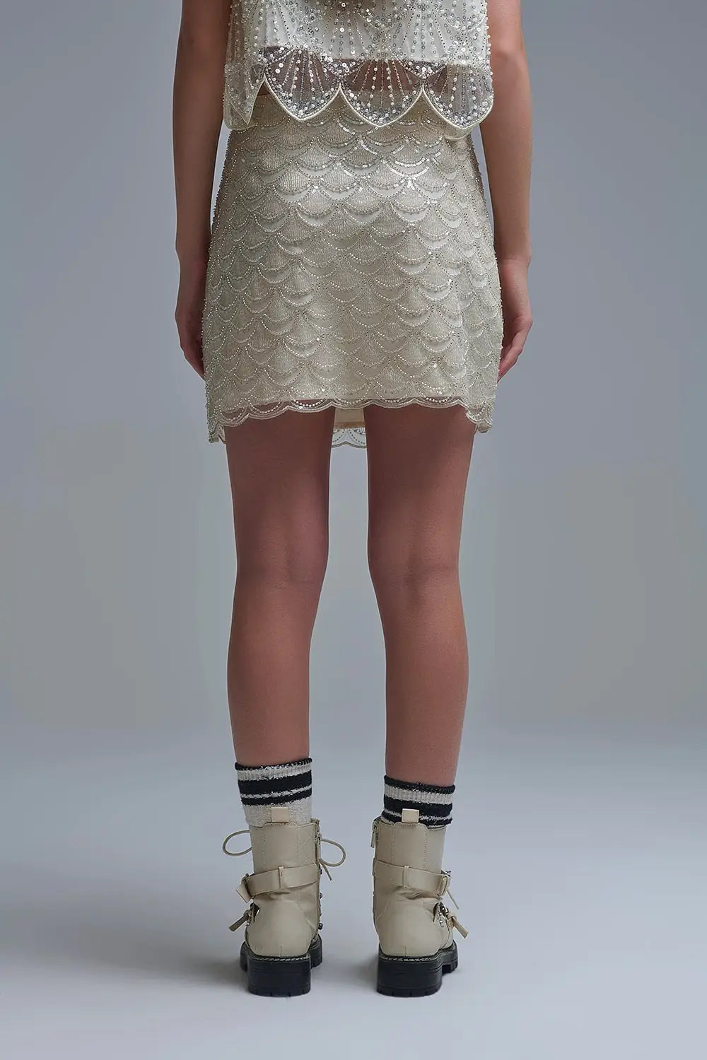 Scalloped Sequin Mini Skirt in Cream - Skirts