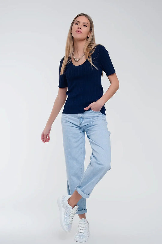 Scoop neck jumper with short sleeve in navy - Sweaters