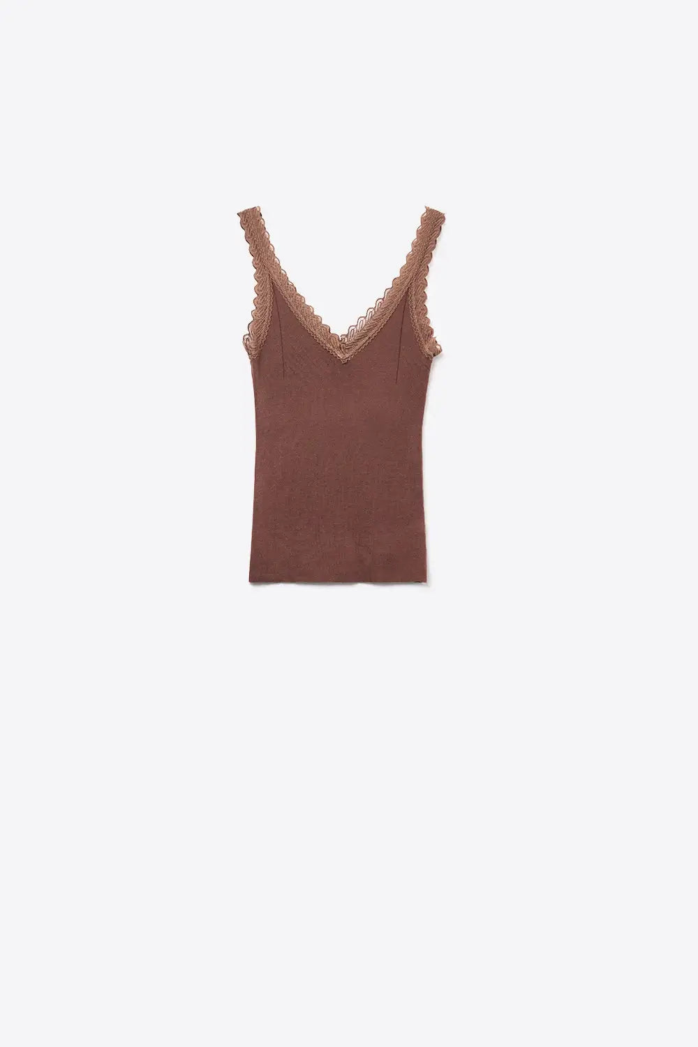 Scoop Neck Lace knitted Trim Tank Top in Chocolate Brown - One Size / Brown - Tops