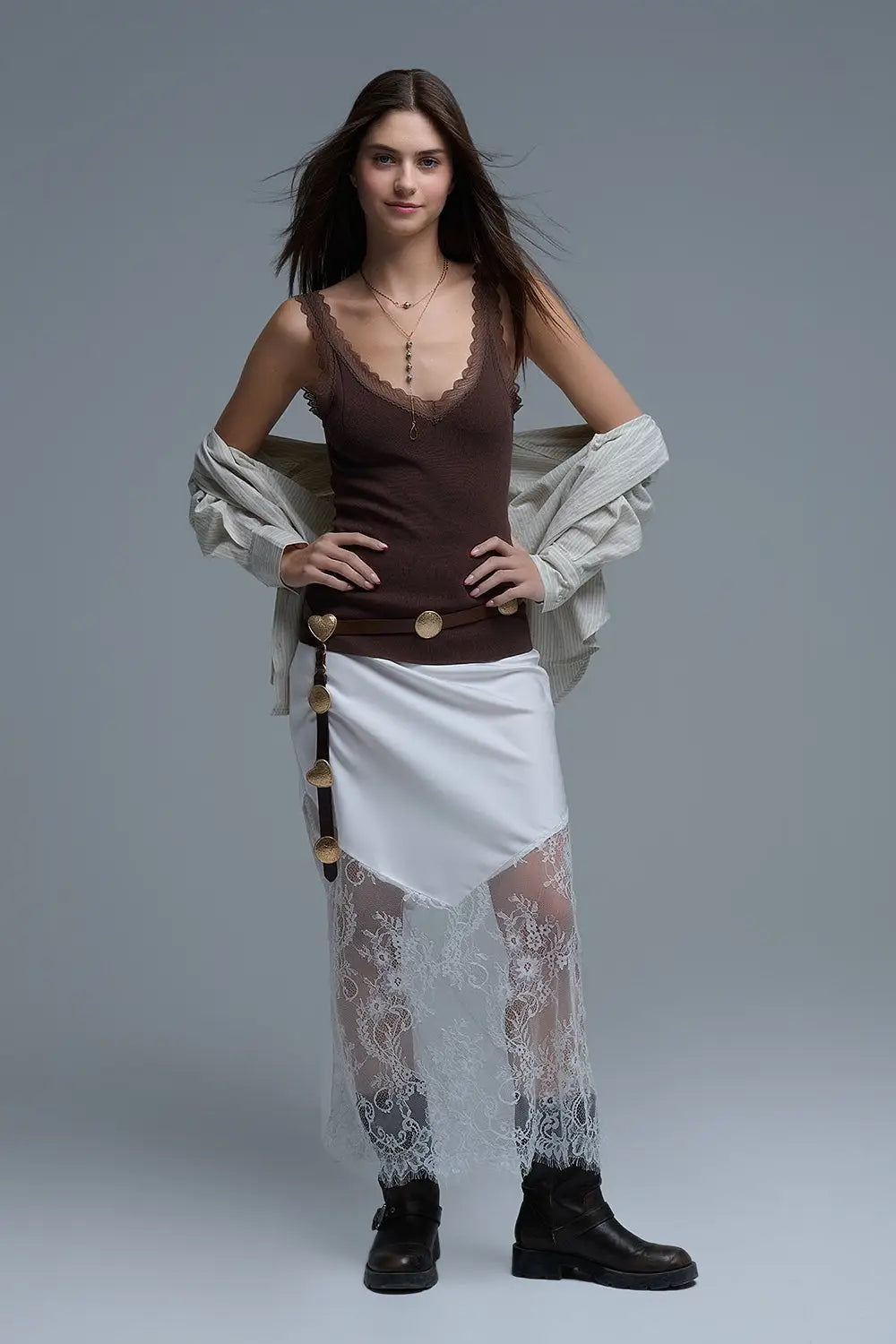 Scoop Neck Lace knitted Trim Tank Top in Chocolate Brown - One Size / Brown - Tops