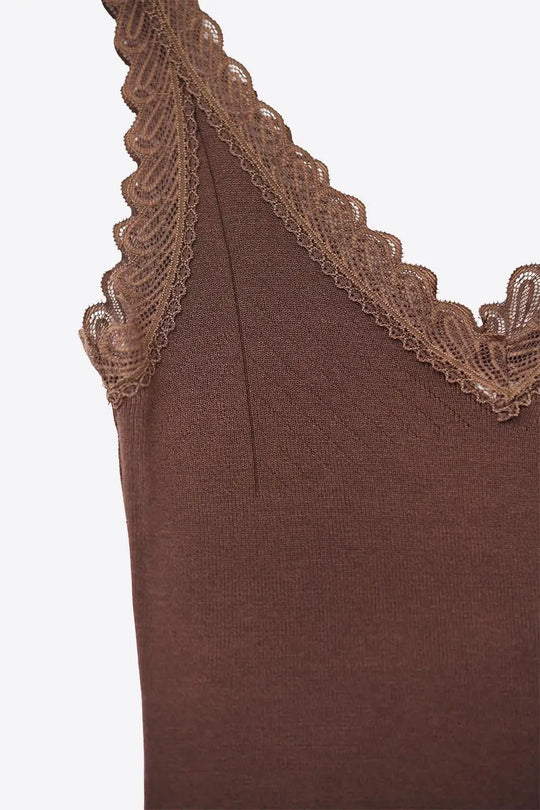 Scoop Neck Lace knitted Trim Tank Top in Chocolate Brown - One Size / Brown - Tops