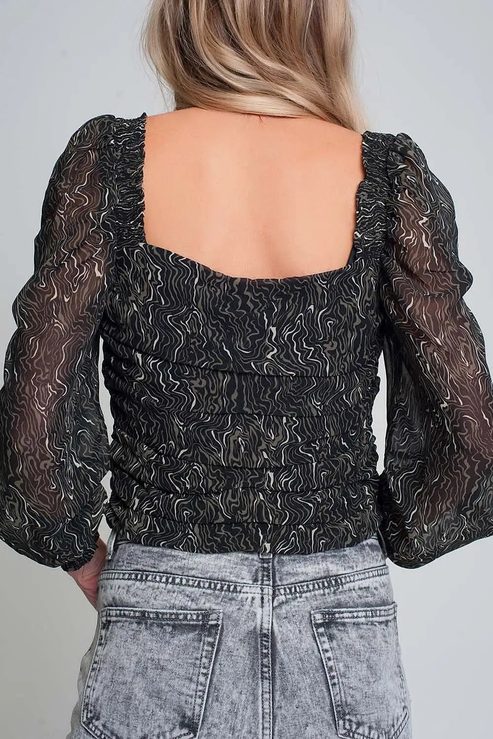 See-through top with long sleeves geo print in black color with elastic cuffs - Shirts