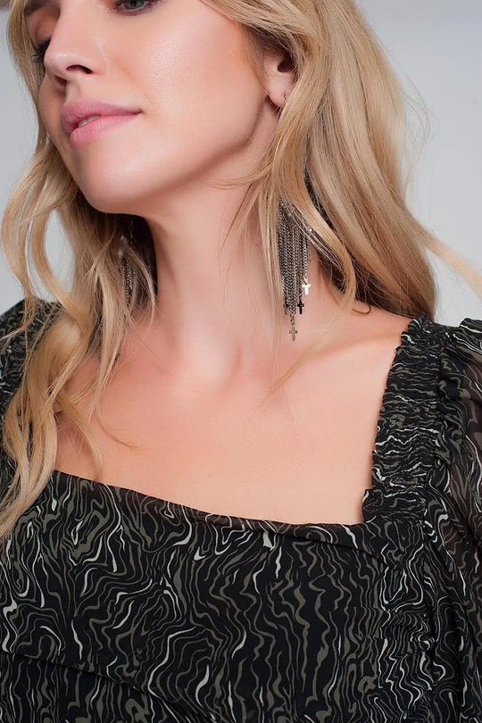 See-through top with long sleeves geo print in black color with elastic cuffs - Shirts