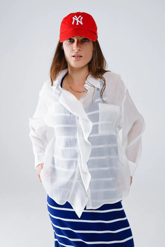 Semi Sheer White Blouse With Ruffle Detail Down The Front - Shirts
