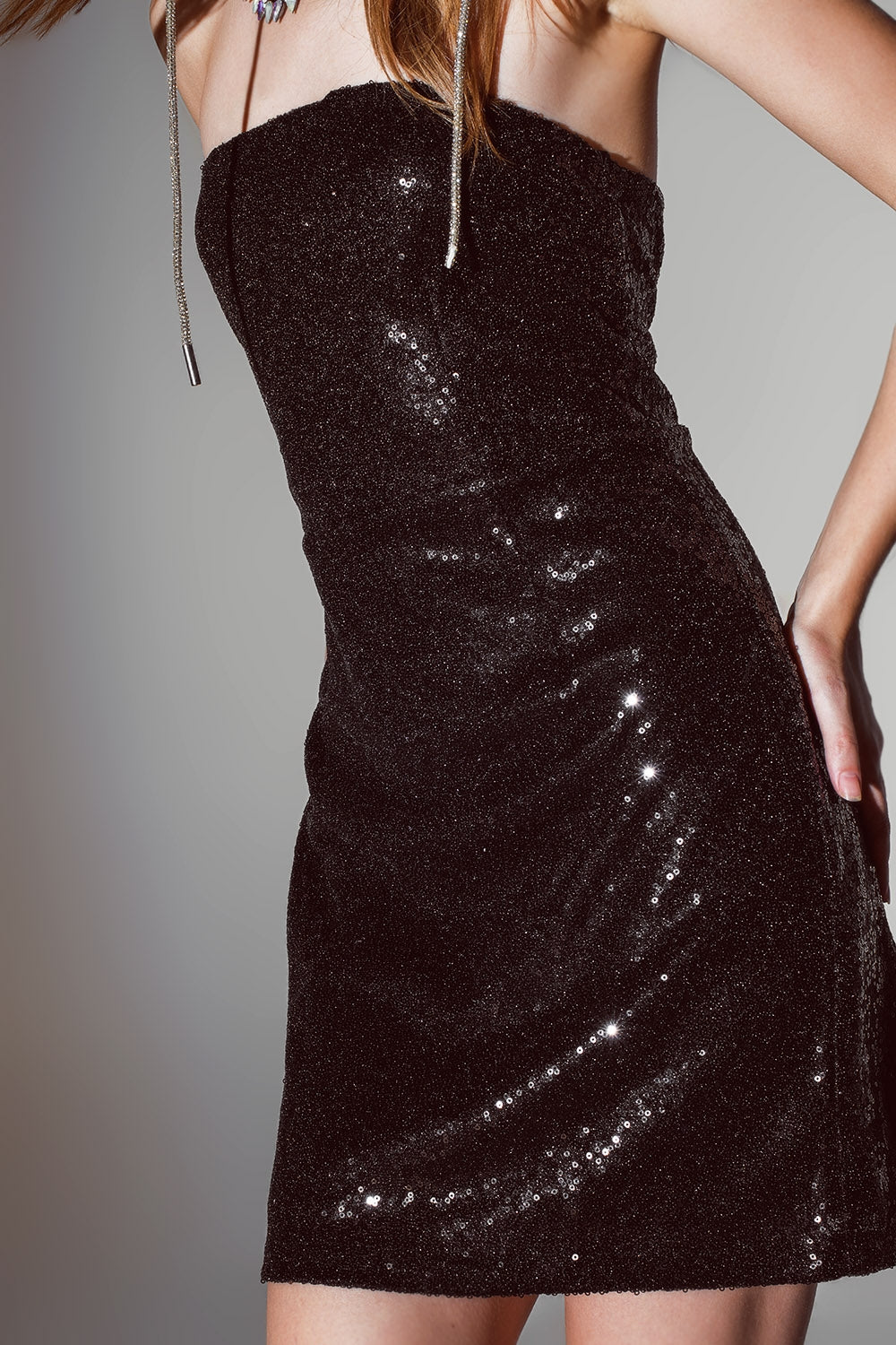 Sequin bandeau mini pencil dress in black