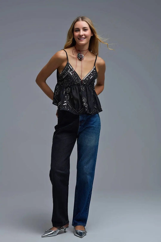 Sequin Camisole Top in black with Floral Detail embellished - Tops