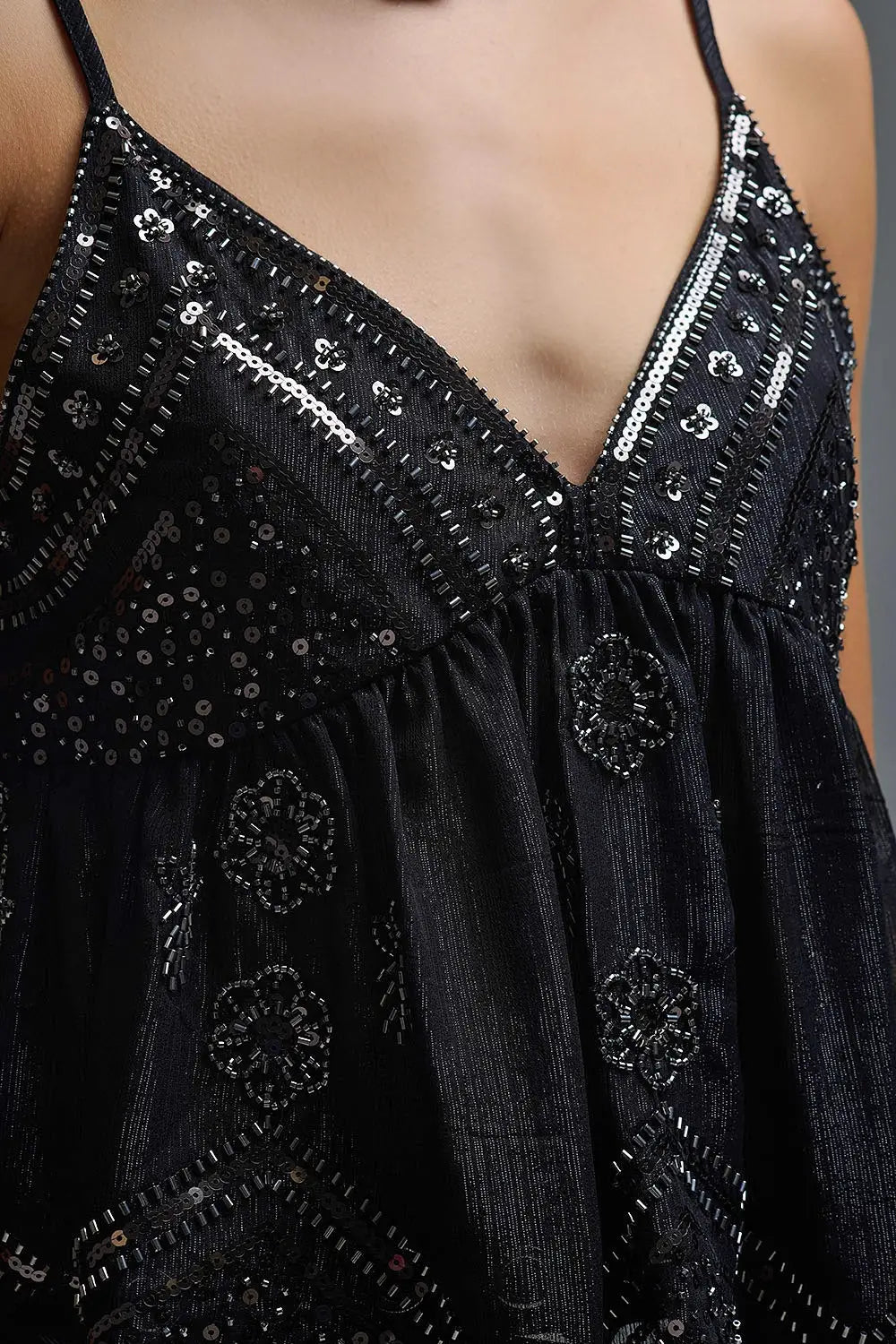 Sequin Camisole Top in black with Floral Detail embellished - Tops