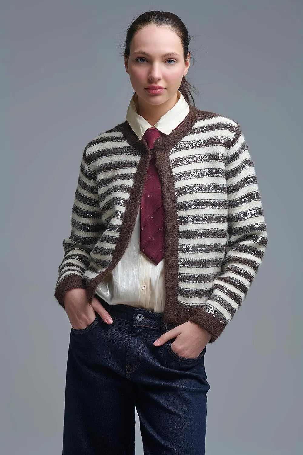 Q2 Sequin Detail Stripe Cardigan in Brown and Cream