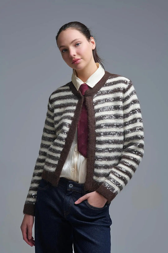Sequin Detail Stripe Cardigan in Brown and Cream - One Size / Brown - Sweaters