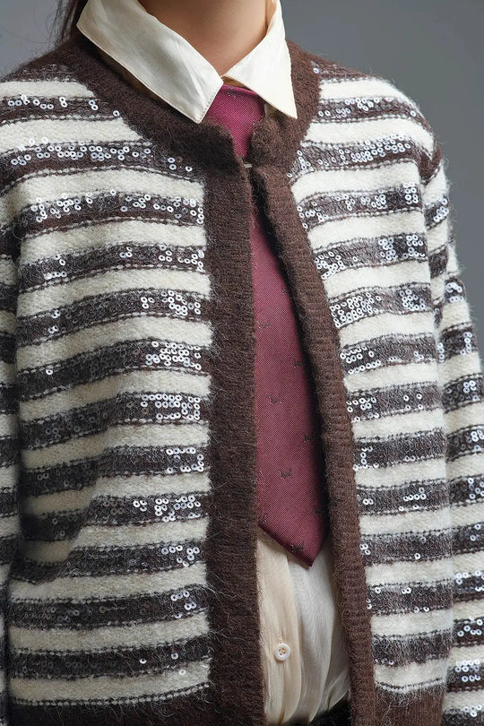 Sequin Detail Stripe Cardigan in Brown and Cream - One Size / Brown - Sweaters