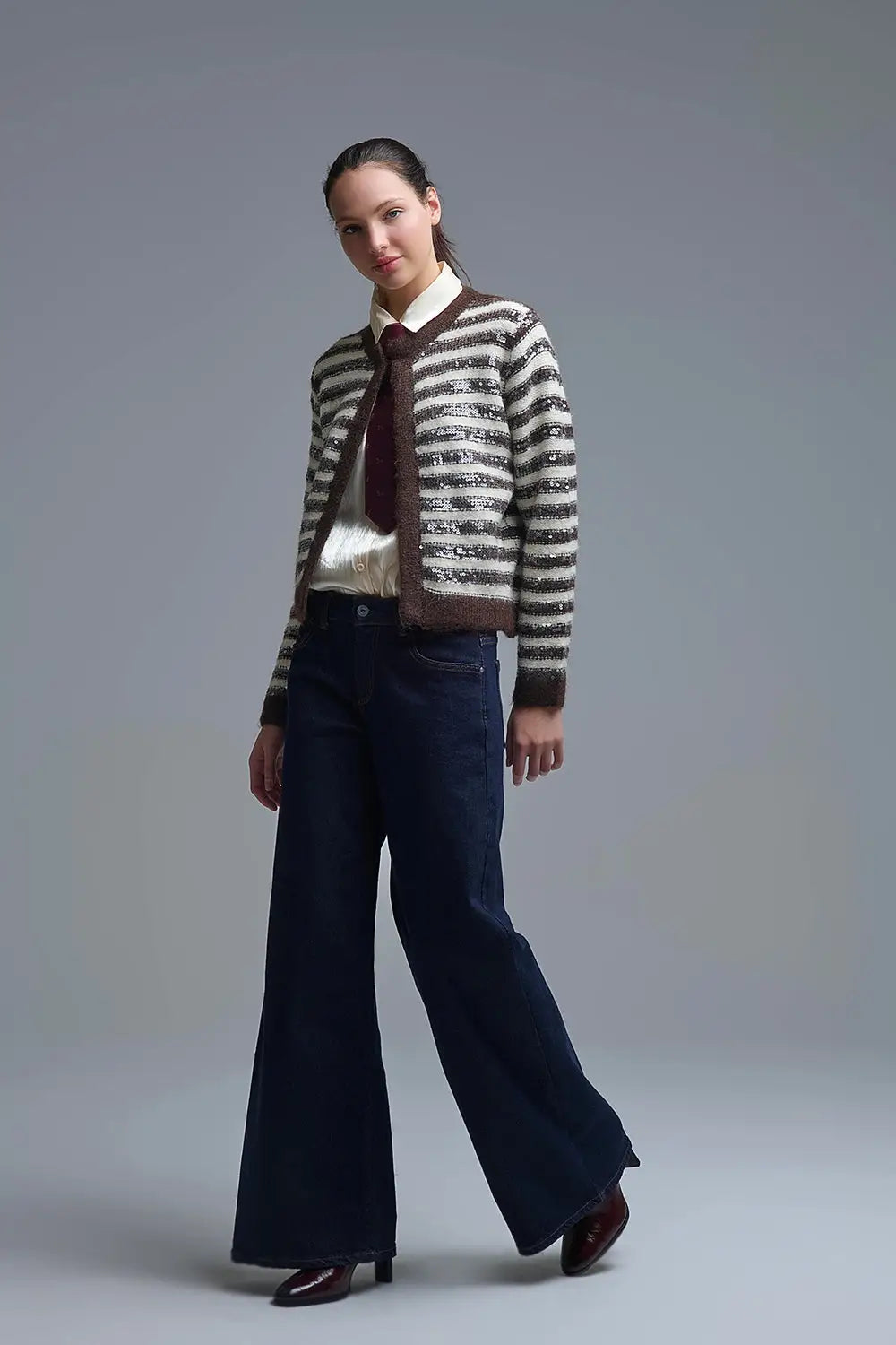 Sequin Detail Stripe Cardigan in Brown and Cream - One Size / Brown - Sweaters